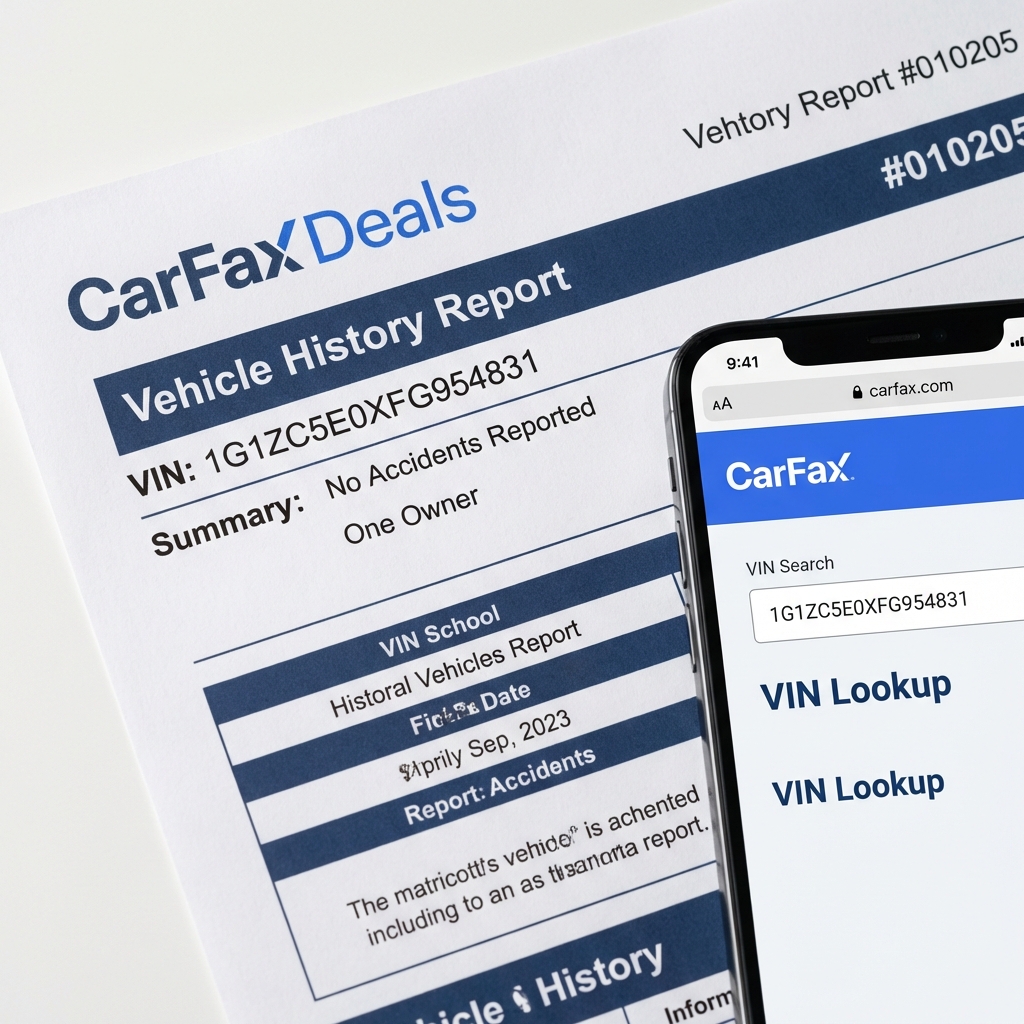 Printed vehicle history report beside smartphone showing a VIN lookup page on a clean white background with CarFax Deals blue accents dodge car dealerships near me