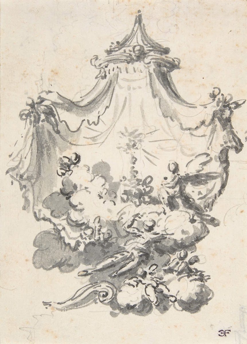 Parted Curtains Revealing Angels Upon Clouds Worshipping a Monstrance 16981765