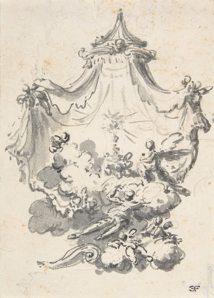 Parted Curtains Revealing Angels Upon Clouds Worshipping a Monstrance 16981765