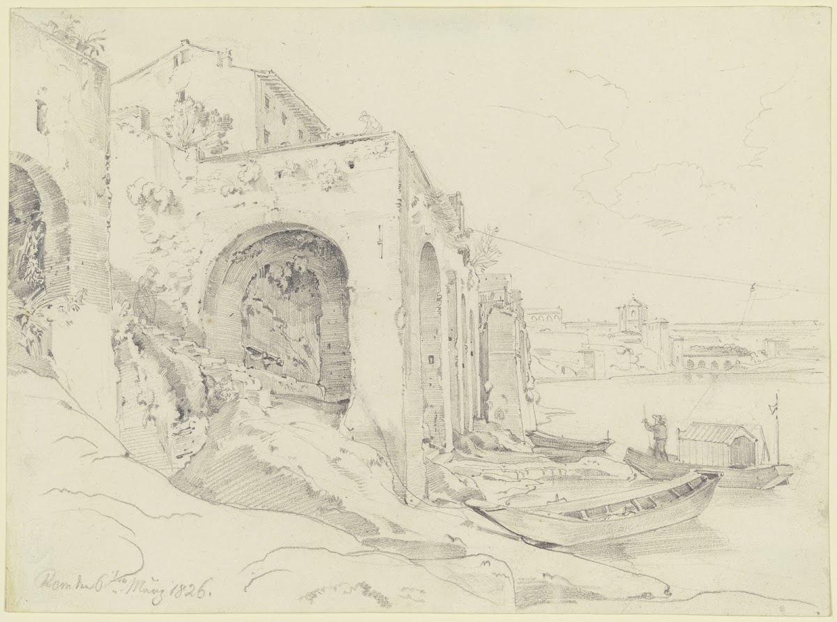 Tiberufer in Rom mit der Fähre bei der Farnesina 1826