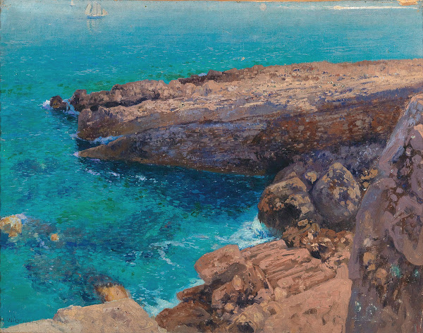 A rocky coast in the background a sailing boat 1902