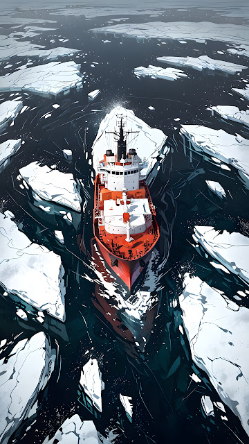 Red Icebreaker Ship Crushing Arctic Ice Floes - Free mobile Wallpaper