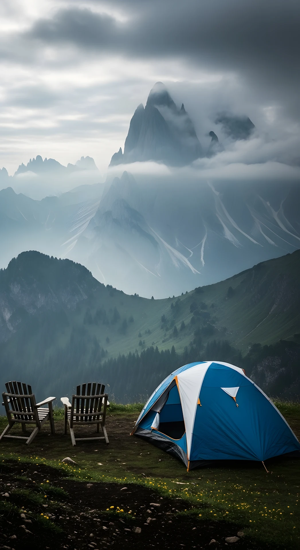 Blue Tent and Chairs on Mountain Peak Campsite - Free 4K mobile Wallpaper