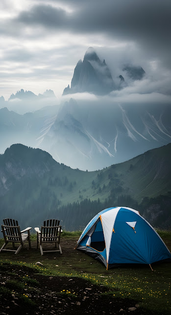 Blue Tent and Chairs on Mountain Peak Campsite - Free mobile Wallpaper