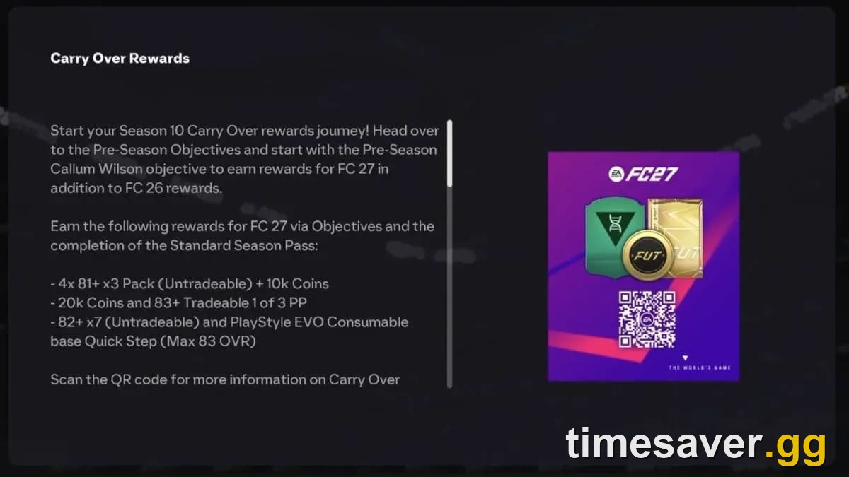 EA FC 26 Season 10 Carry Over Rewards screen listing the FC 27 packs, Quick Step Evolution and 20,000 coins earned through Pre-Season objectives