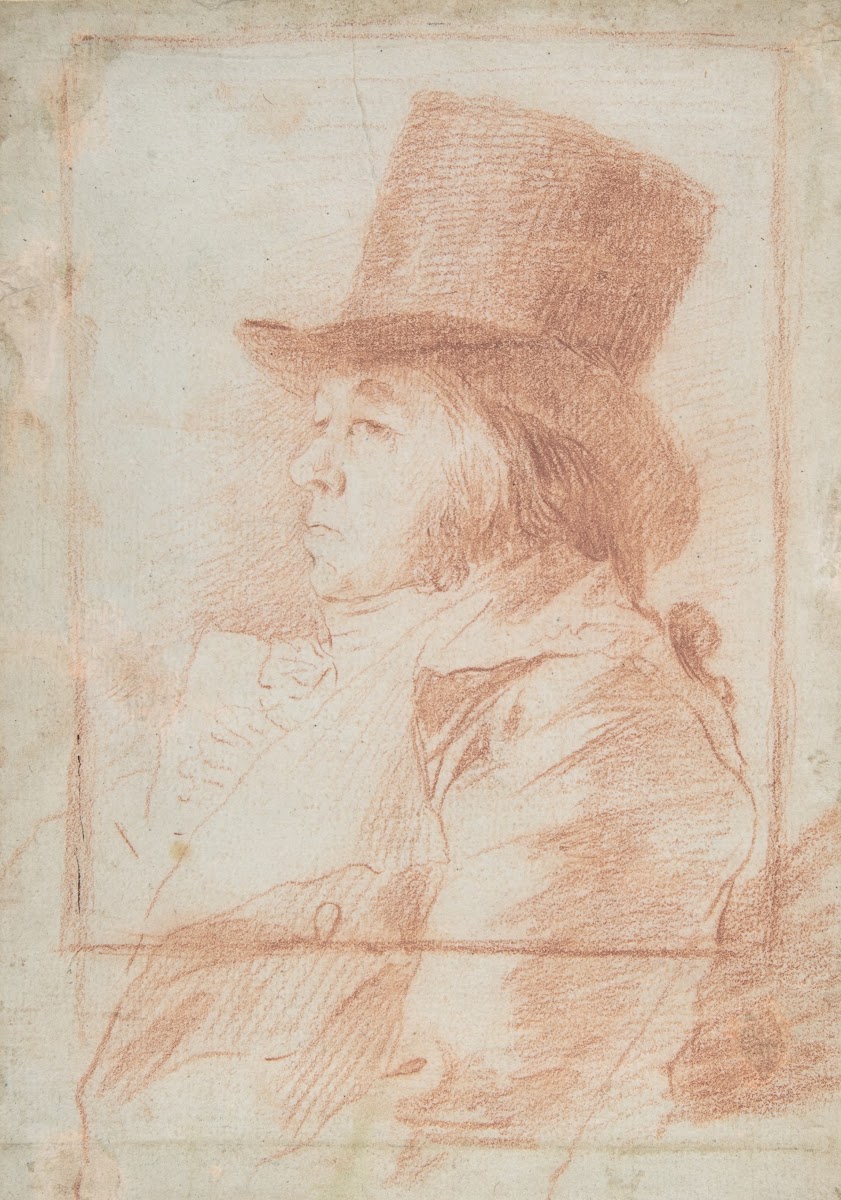Self portrait Goya wearing a top hat facing left within a drawn frame ca 179798