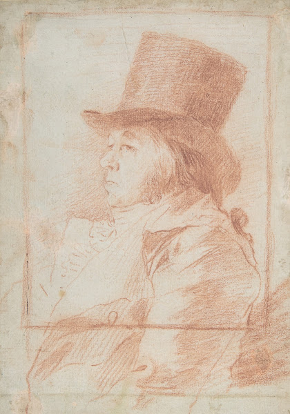 Self portrait Goya wearing a top hat facing left within a drawn frame ca 179798