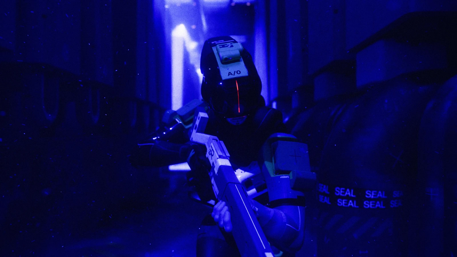 Futuristic Soldier in Blue Corridor - Sci-Fi Digital Art 4K Wallpaper (3840x2160)