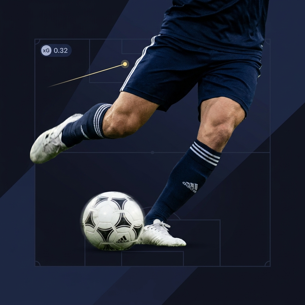 Full frame close up of a soccer player taking a shot with on screen xG badge and shot on target marker in Funded Plays brand colors minimal layout Shot and Goal Props in Soccer
