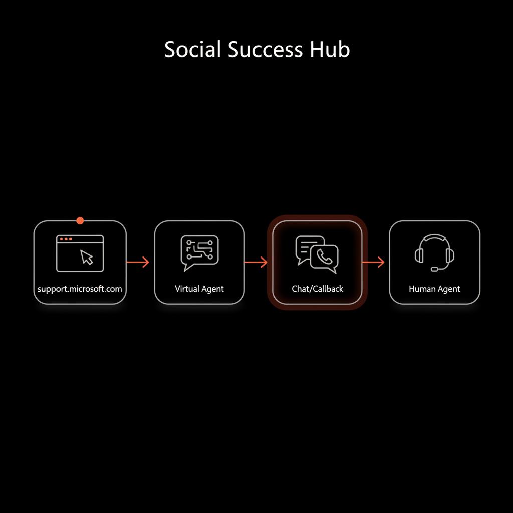 Minimal full-frame infographic showing step-by-step flow from support.microsoft.com to Virtual Agent to Chat/Callback to Human Agent using Social Success Hub palette — how to speak to a human at Microsoft