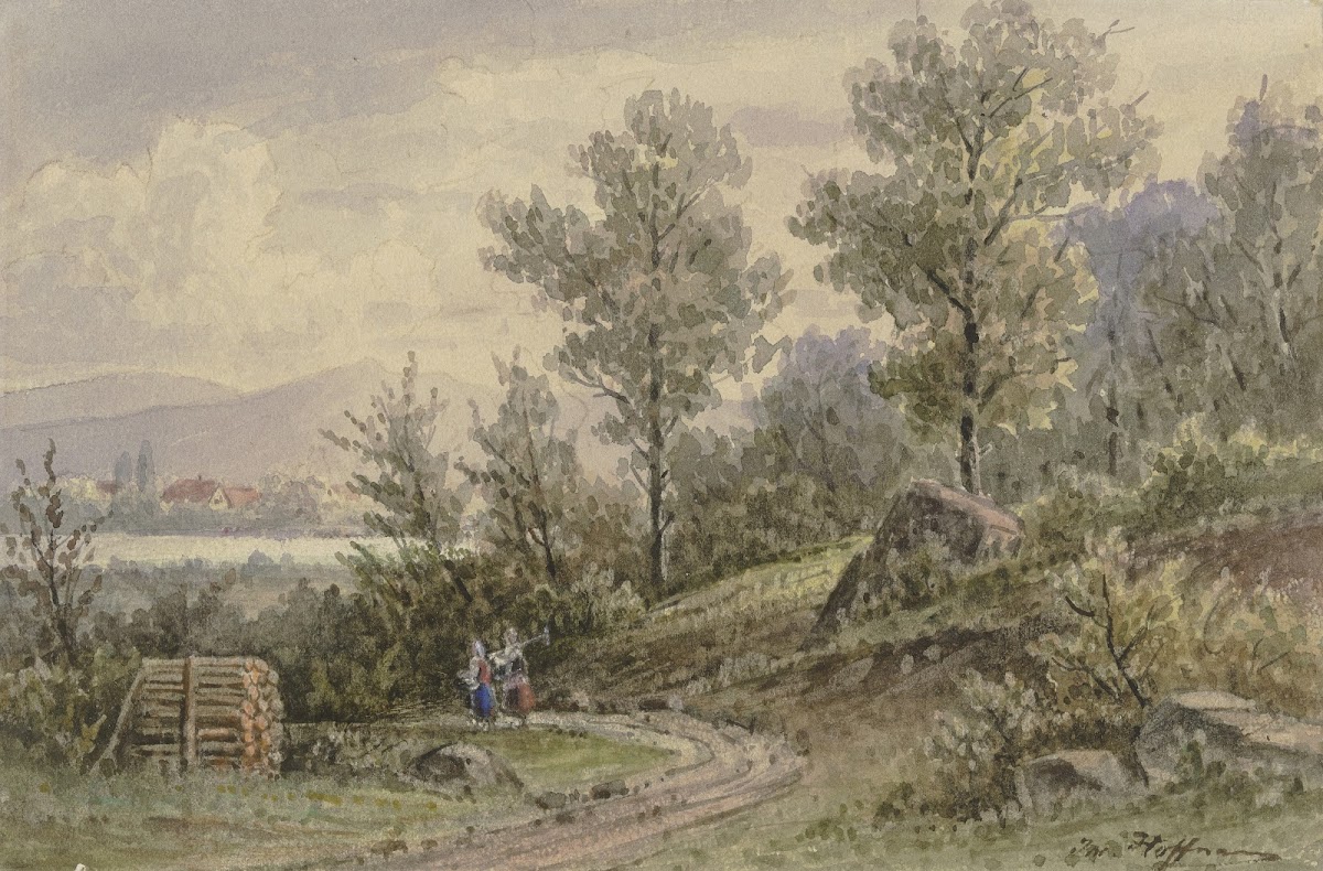 Blick vom Wald auf ein Dorf und Berge