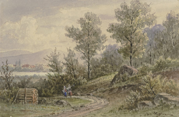 Blick vom Wald auf ein Dorf und Berge