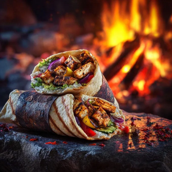 Escena cinematográfica de fotografía gastronómica con espectaculares wraps a la parrilla gourmet.
