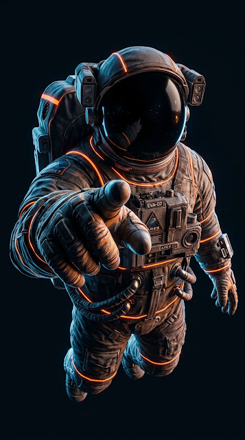 Astronaut Pointing Finger with Glowing Orange Accents - Free mobile Wallpaper