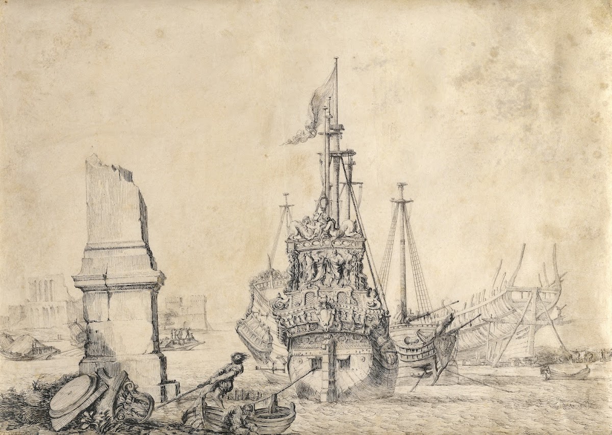 A ship in a port near a ruined obelisk 16751680