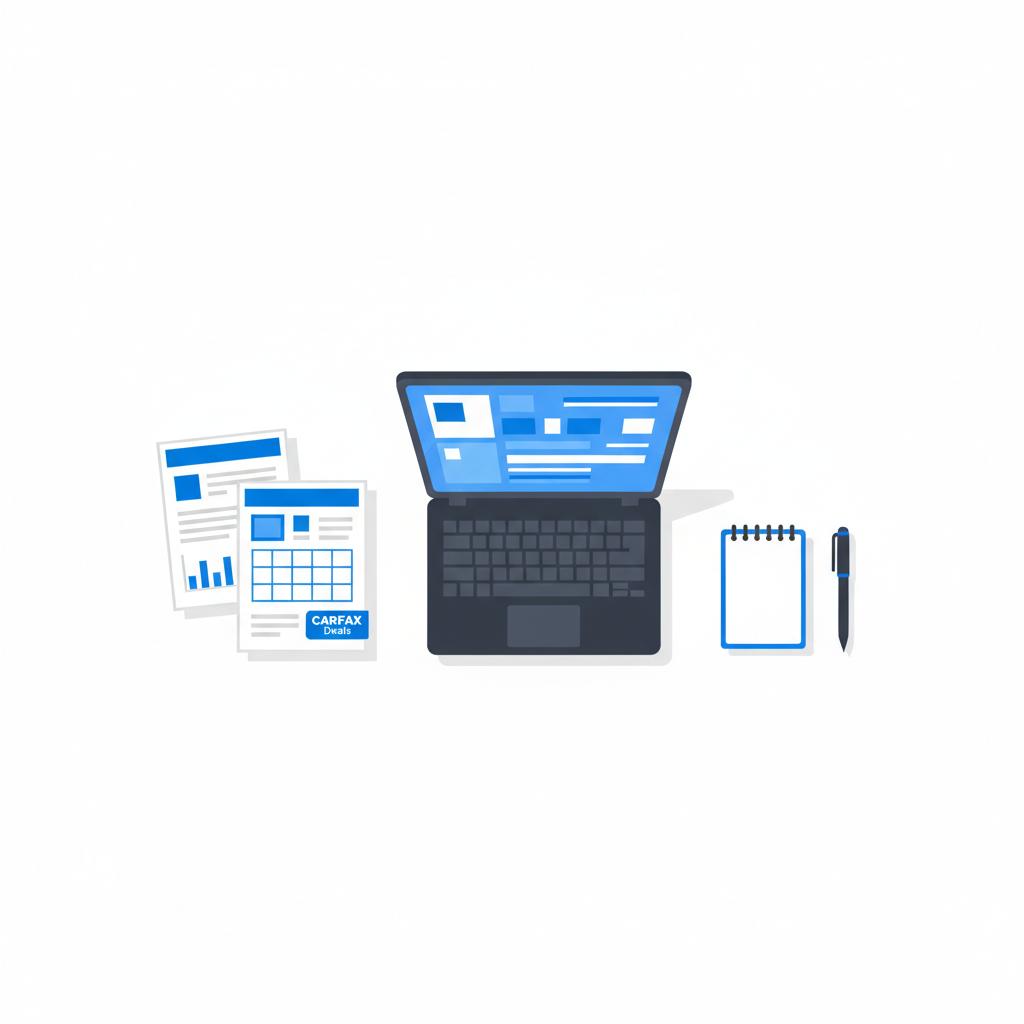 Minimalist vector view of a kitchen table with printed price guides a vehicle history report an open laptop and notes suggesting hummer h2 for sale
