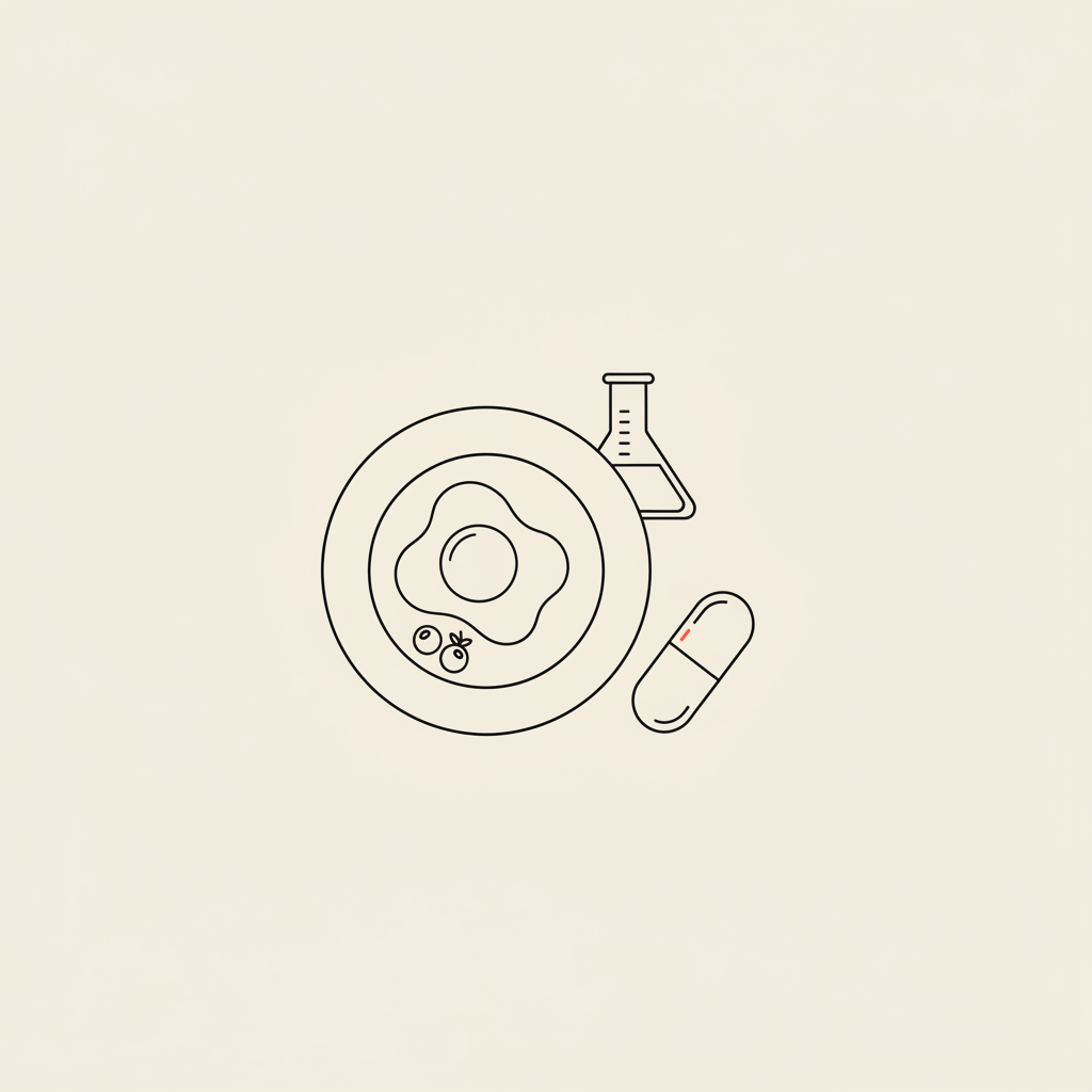 Minimalist line illustration of a plate with an egg and berries, a capsule and a small lab beaker on a beige background — NASM Certified Nutrition Coach
