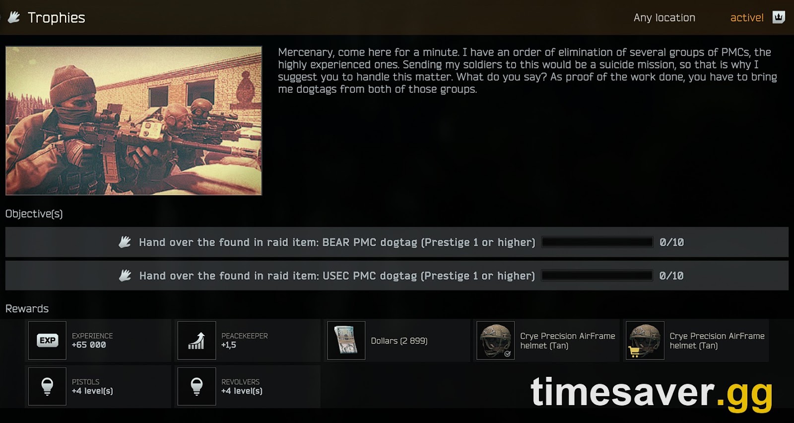 Escape from Tarkov rewards and trophies screen — EXFIL Brothers pays the Operator per Candidate milestone