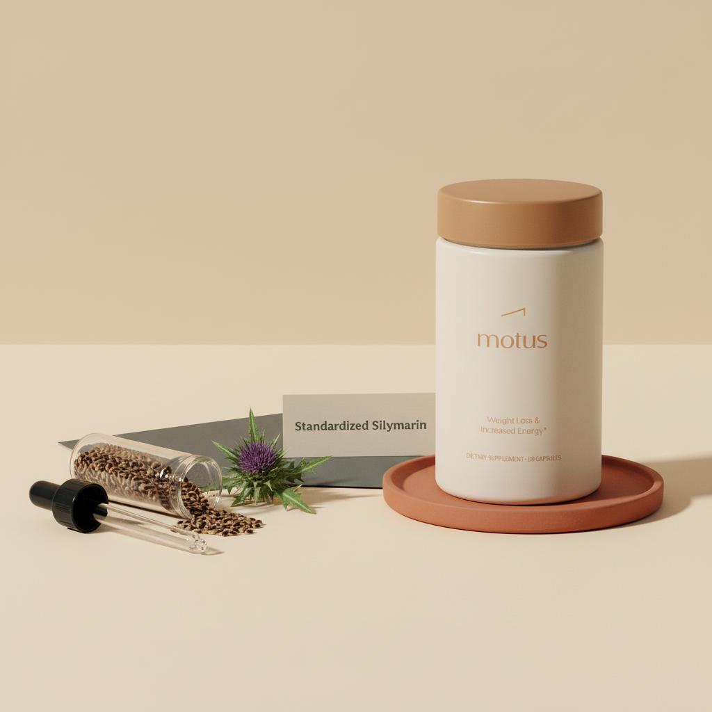 Minimalist studio photo of the Tonum product from the reference photos beside an open vial of milk thistle seeds, a sprig and a lab dropper on a beige backdrop — is milk thistle good for liver detox