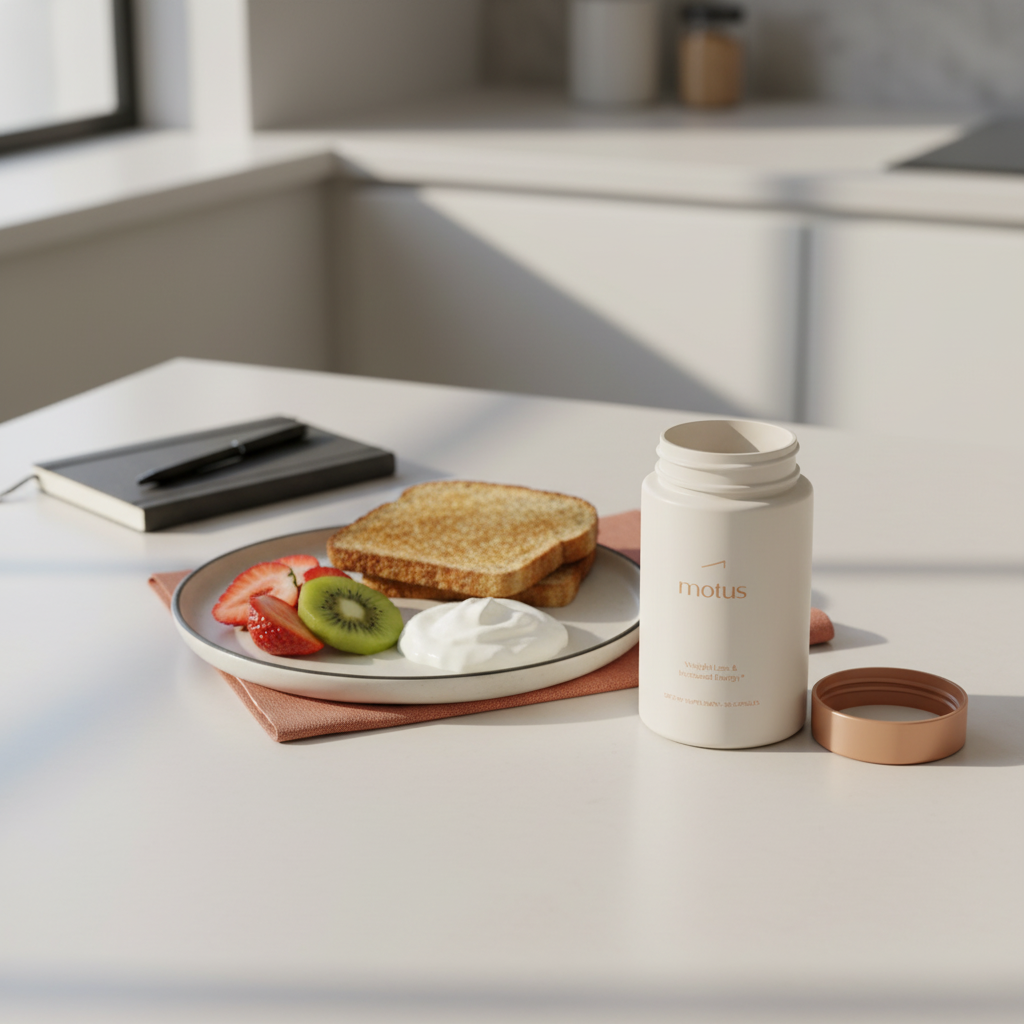 Opened Motus bottle from Tonum beside a balanced breakfast on a tidy kitchen counter in minimalist brand colors, promoting the best weight suppressant pill for daily sustainable weight loss.