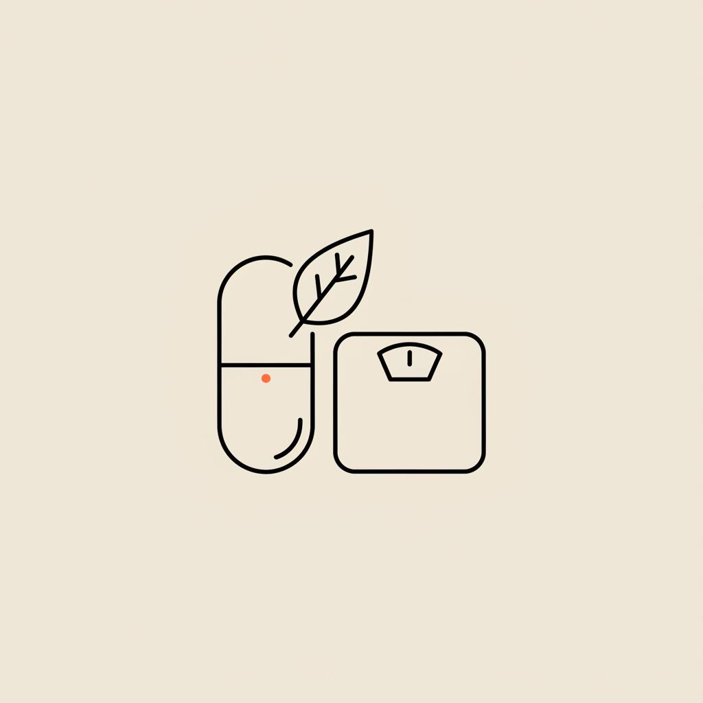 Minimalist Tonum-style vector line illustration of a capsule, small leaf, and scale on beige background, referencing is berberine as good as ozempic? for a health article