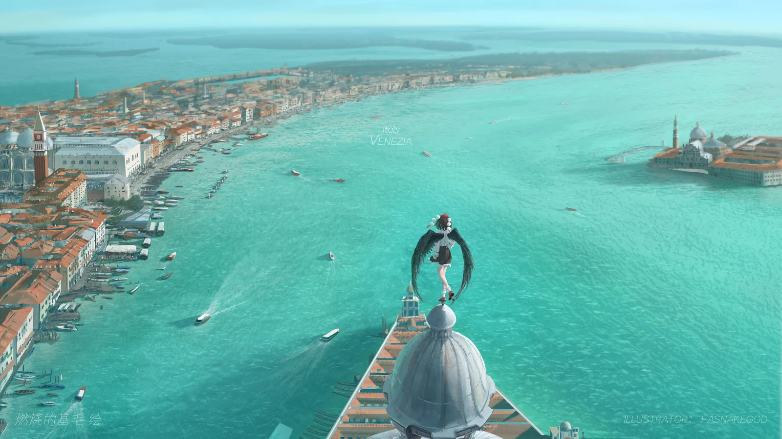 Aya Shameimaru Overlooking Venice Italy - Digital Illustration 4K Wallpaper (3840x2160)