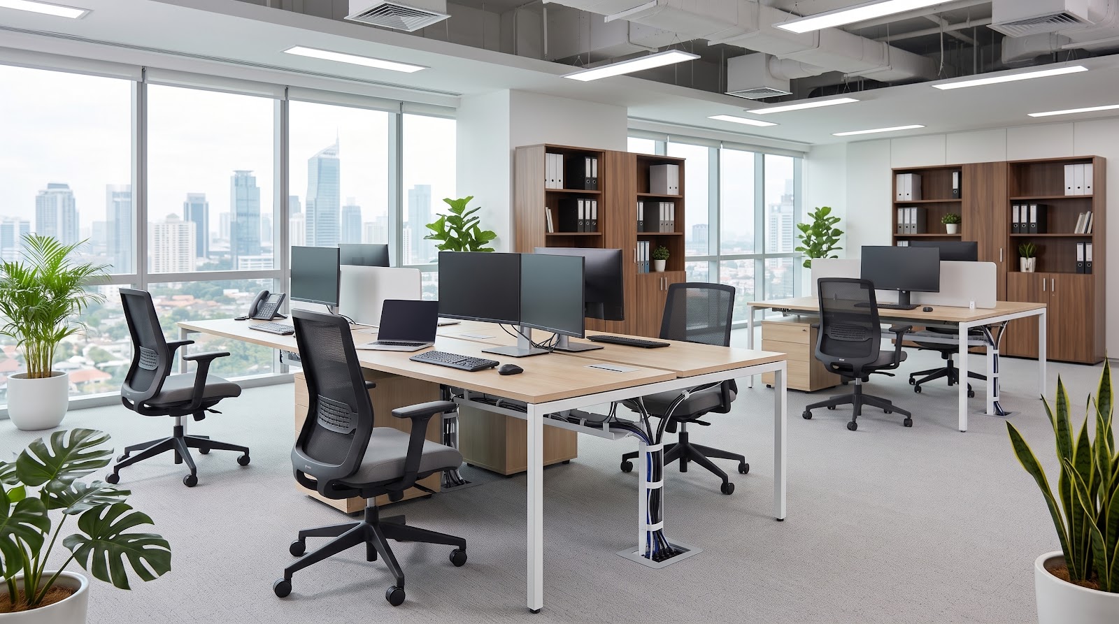 Efisiensi ruang kerja kantor menggunakan workstation pod 4 staf