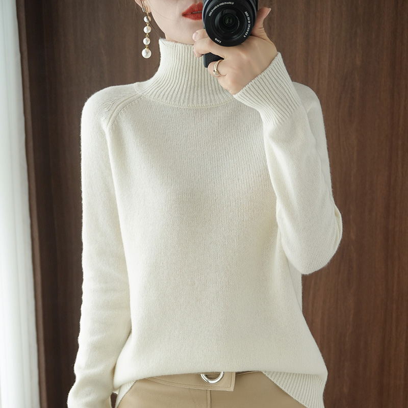 Women's knitted sweater, high collar, solid color, loose