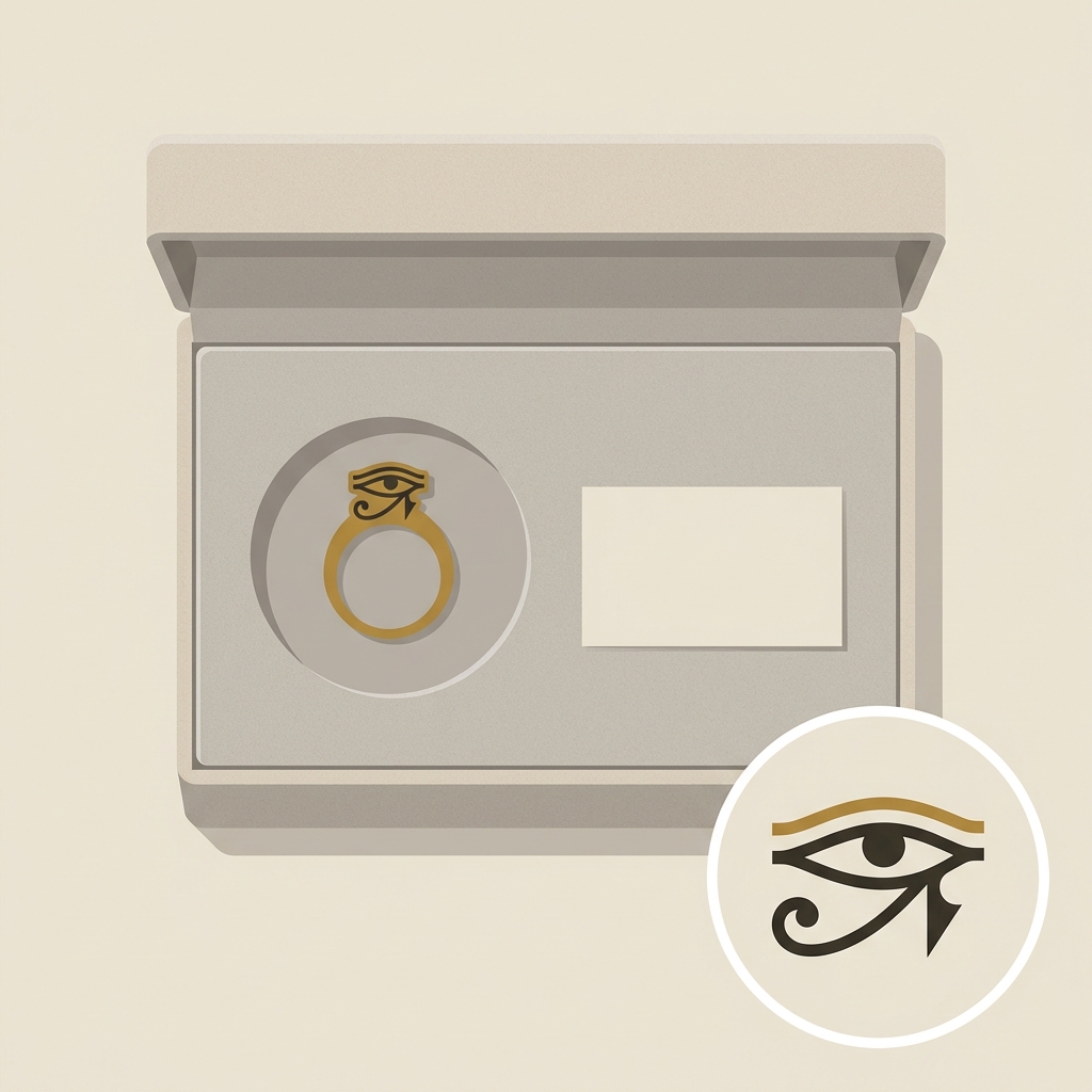 Minimalist 2D vector display box showing an eye of horus gold ring in padded storage with a blank condition notes card and magnified iconography inset on warm Aurora Antiqua background