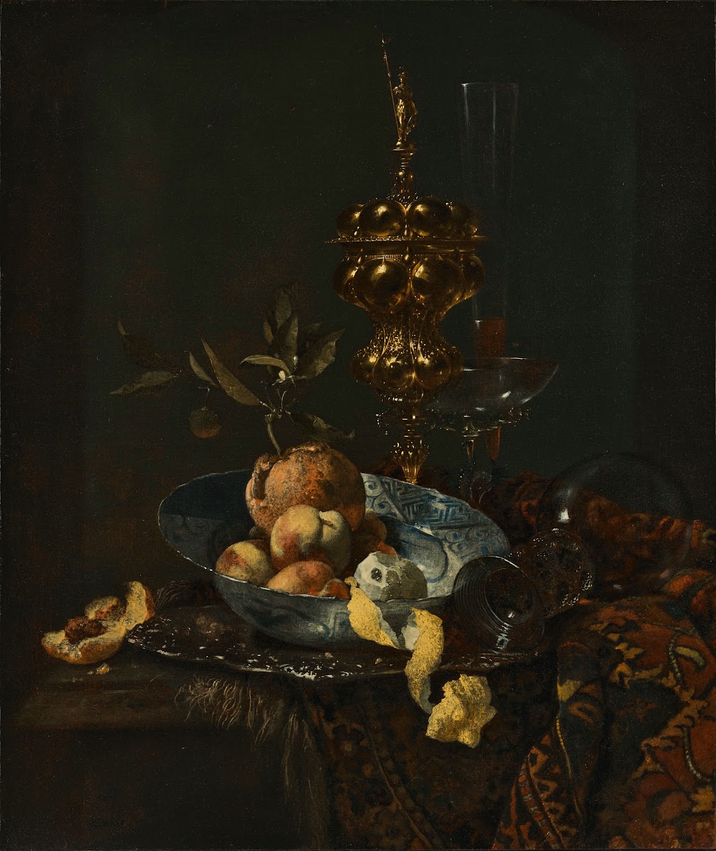 A gilt cup and cover a roemer a façon de venise glass peaches oranges and a peel
