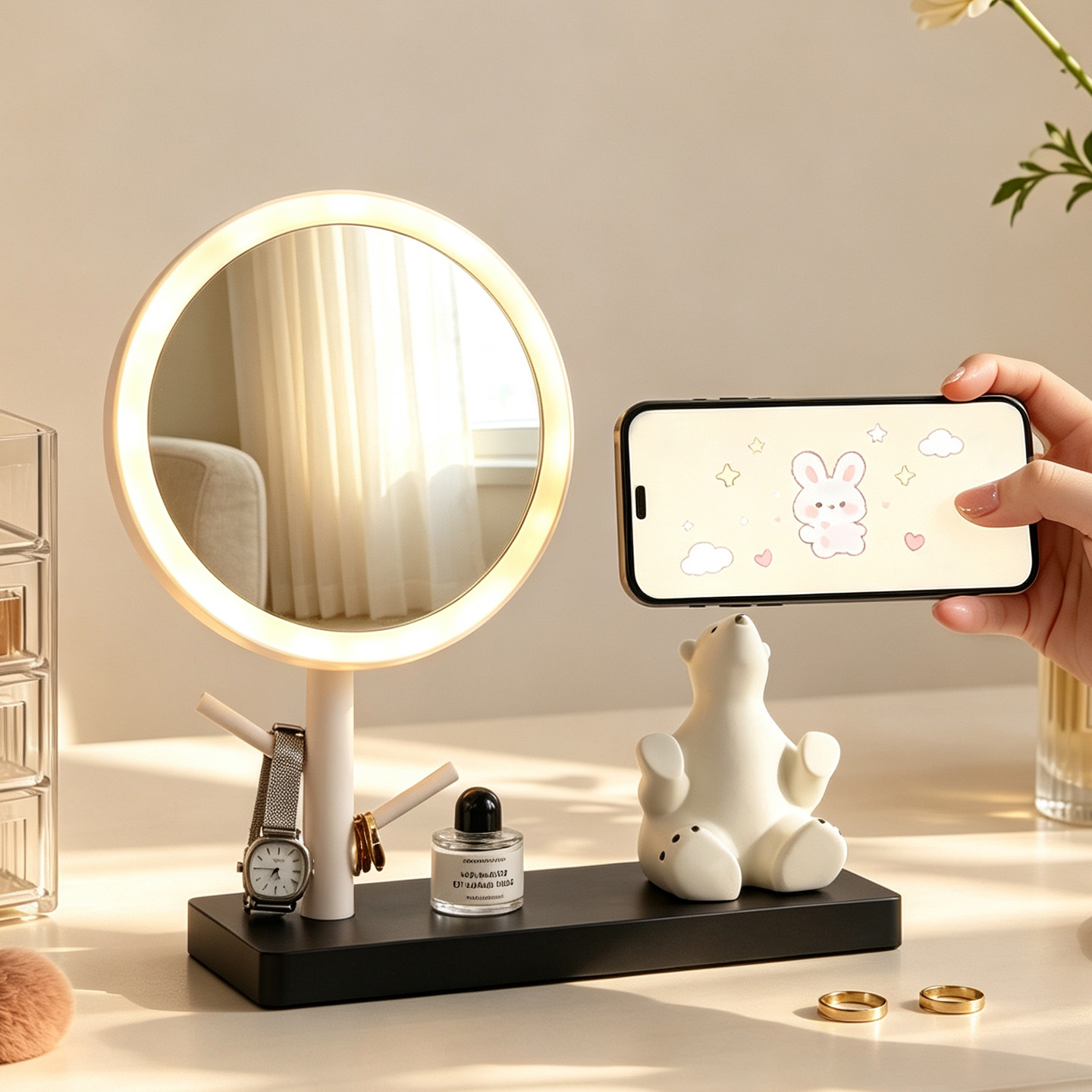 LED Makeup Mirror with Phone Holder and Jewelry Holder