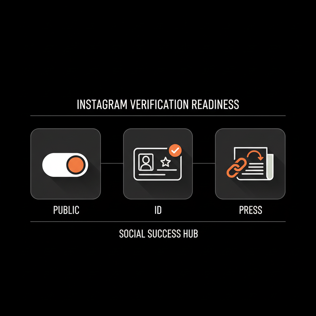 is Instagram verification free checklist infographic with three vector icons: public toggle, ID card, press links, minimalist layout on black background using brand colors