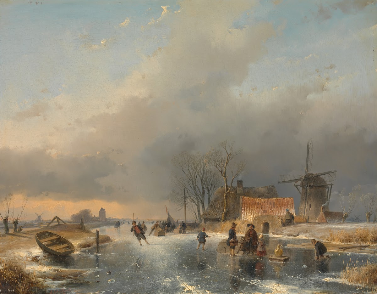 A winter landscape on the right a windmill and houses by a frozen canal 1841