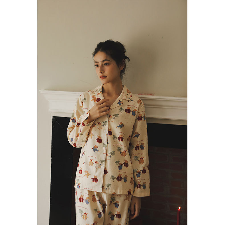 Women's Pajama Set, Cotton, Brushed, Christmas Bunny Print