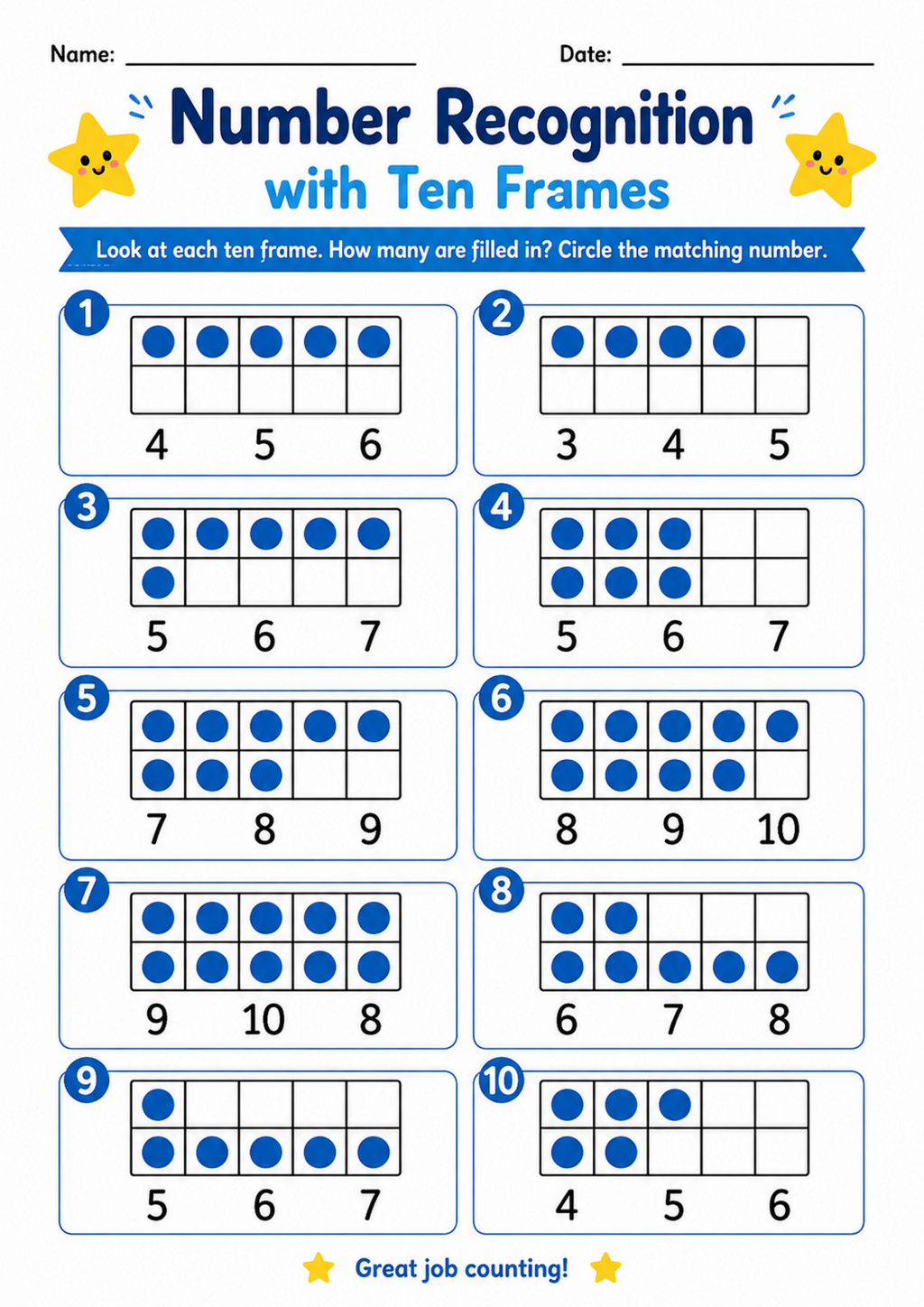 Number Recognition with Ten Frames Worksheet