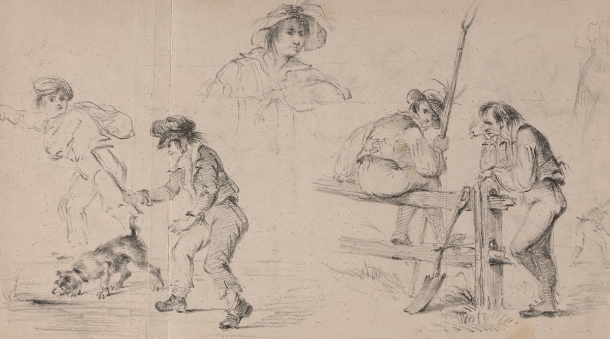 Two peasants resting on a fence a woman two children playing with a dog