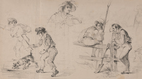 Two peasants resting on a fence a woman two children playing with a dog