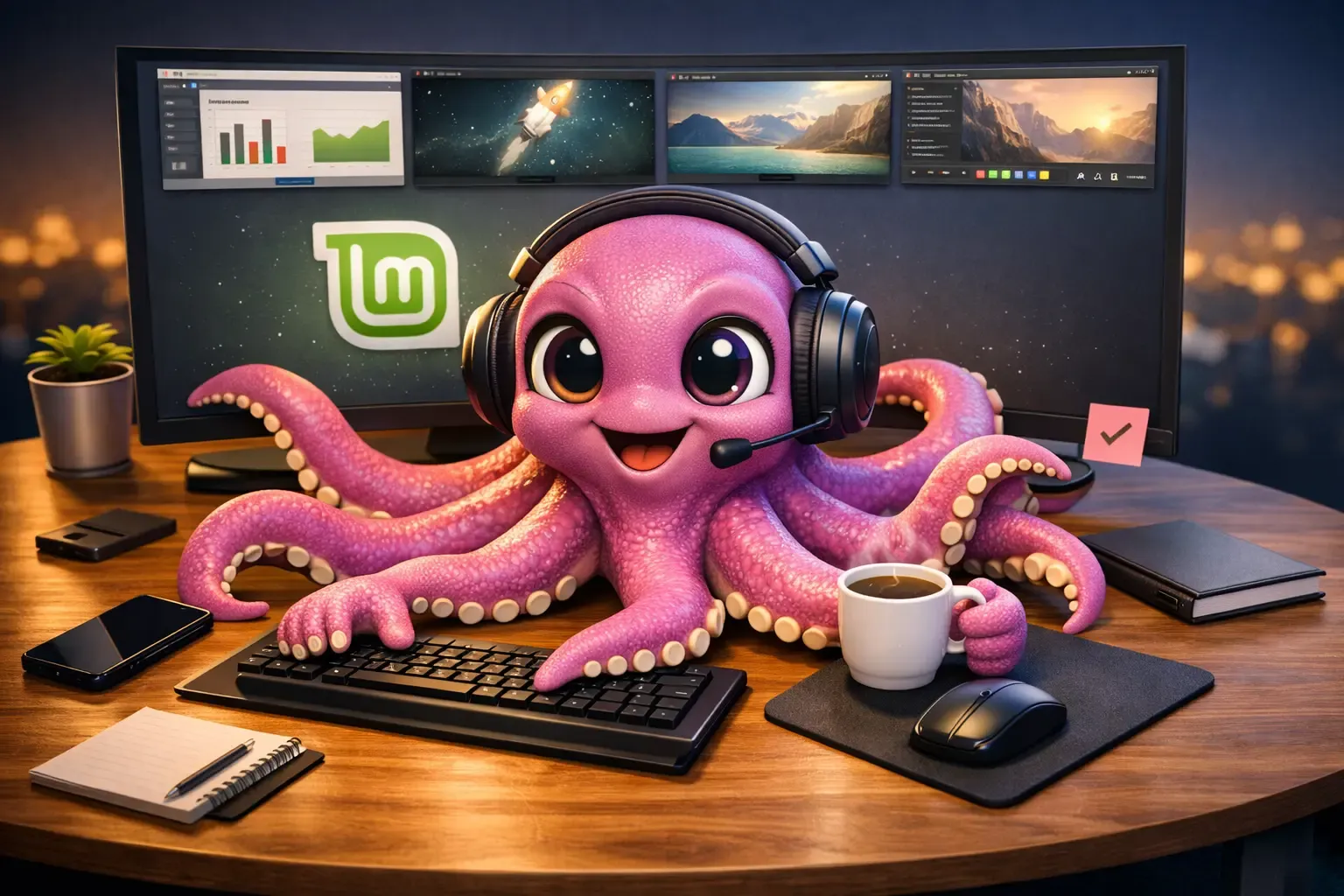 Un pulpo toma café mientras realiza varias tareas en distintos dispositivos.
