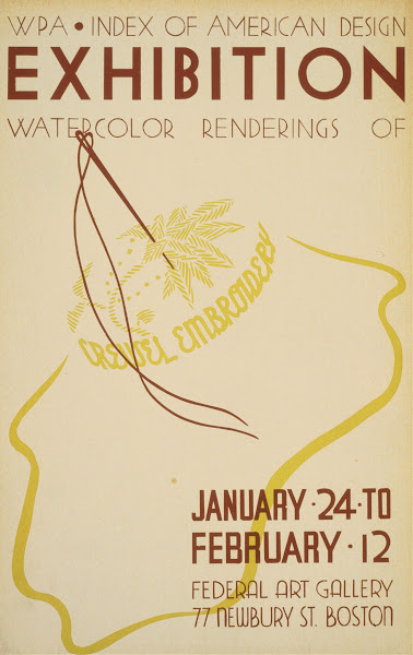 WPA Index of American Design exhibition Watercolor renderings of crewel embroide