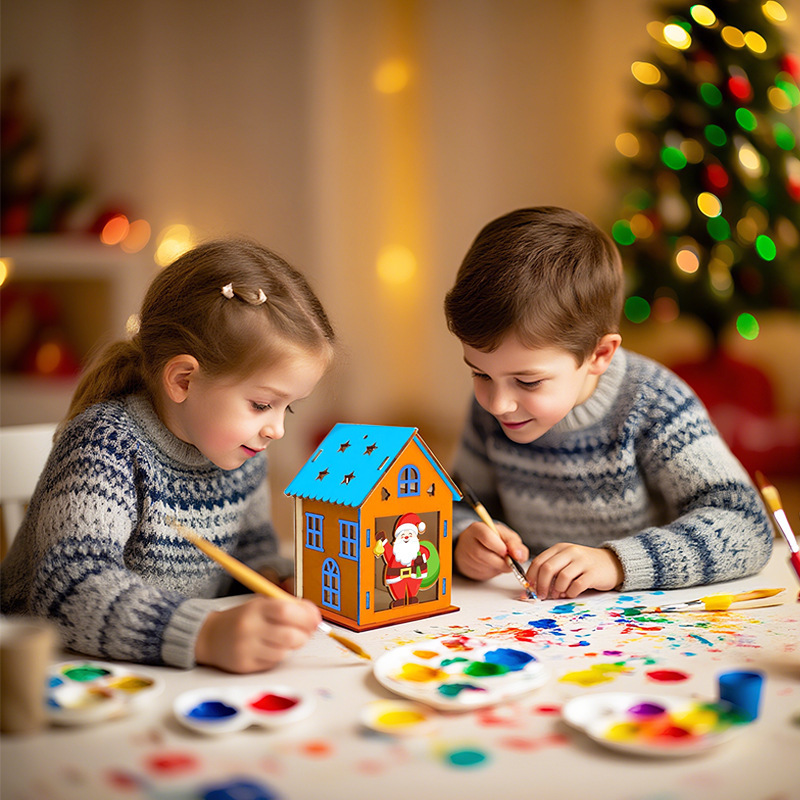 DIY Wooden House Kit, 8x8x11.5 cm, including painting set
