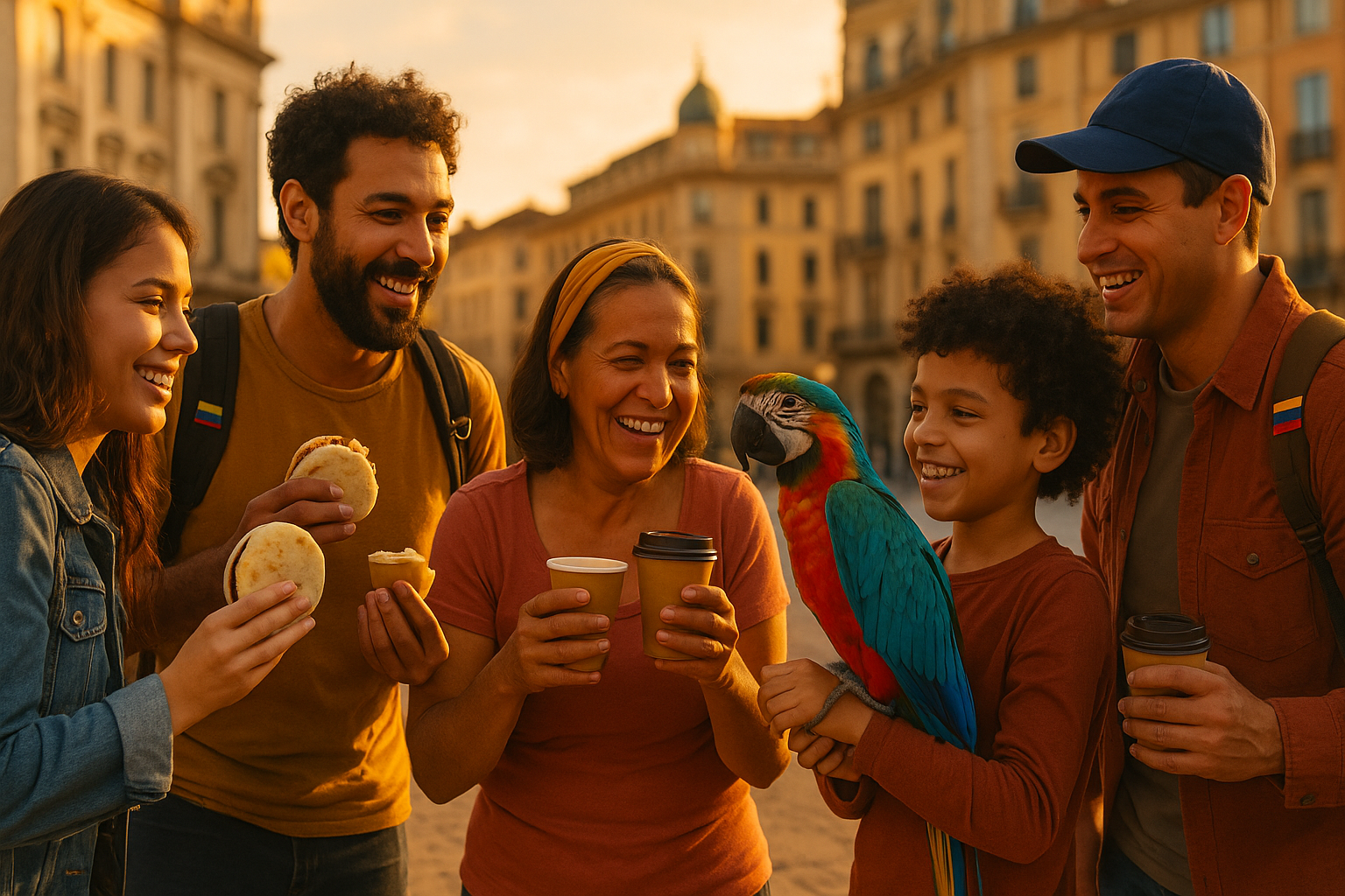 Venezolanos en el exterior reunidos en comunidad, compartiendo arepas y café