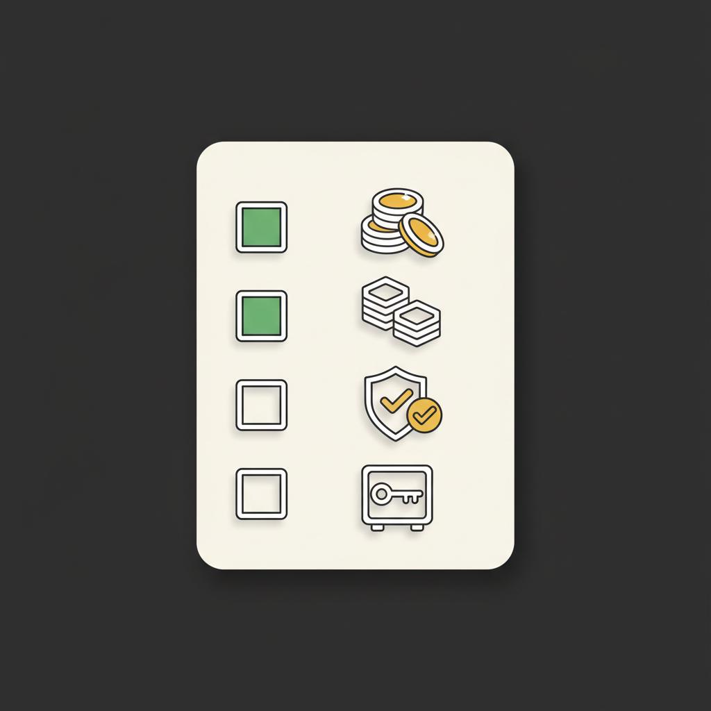 Minimal 2D vector ira crypto checklist on dark background showing paper sheet with four checkbox rows represented by icons for fees token list insurance and private key control