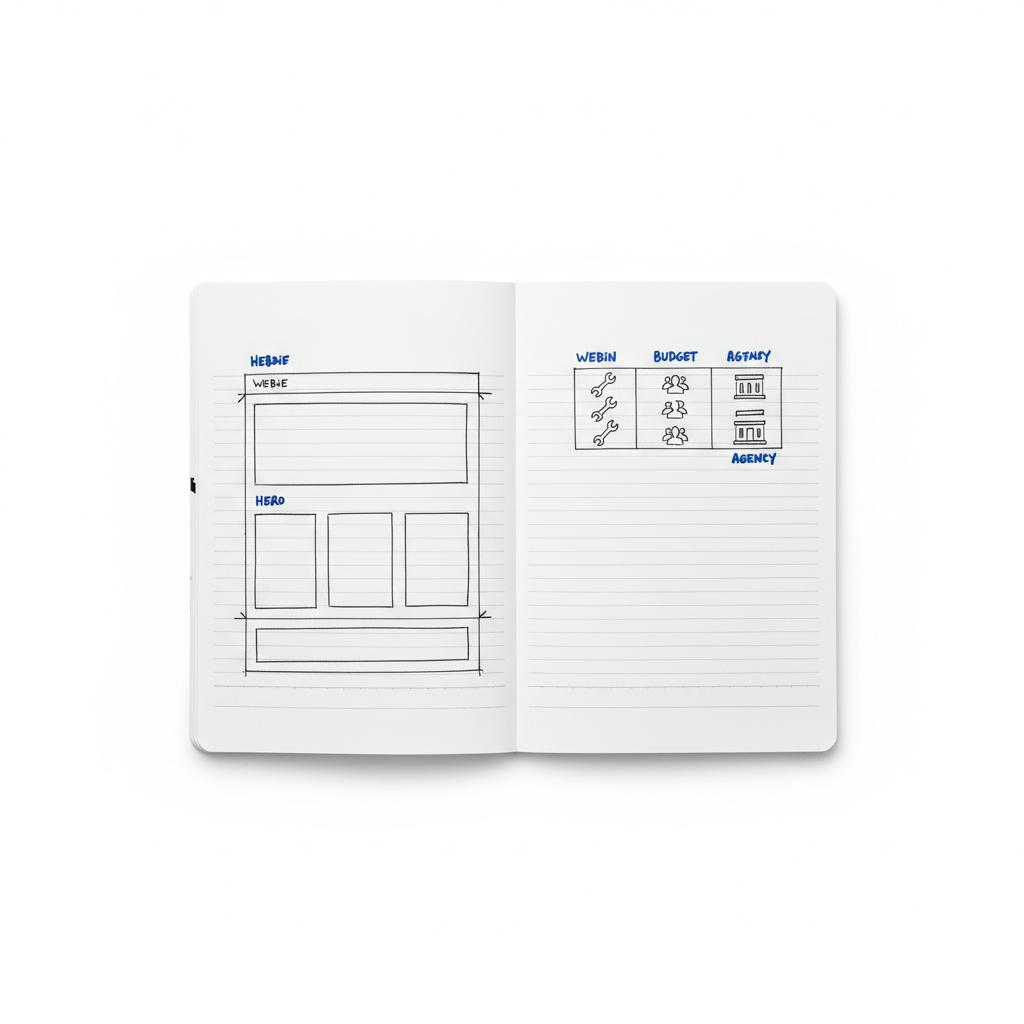 Notebook-style ink sketch of a simple website wireframe and a three-column budget table comparing DIY, freelancer, and agency, illustrating website cost for small business