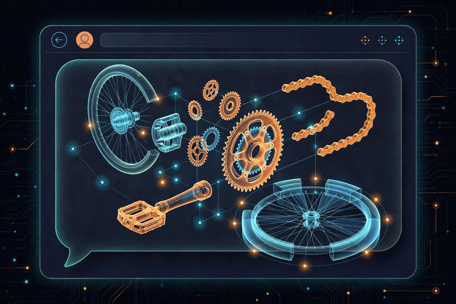 Exploded-view technical diagram of a bicycle's gears, chain and wheels floating inside a chat conversation window, illustrating how ChatGPT's Intelligent UI turns explanations into interactive diagrams.