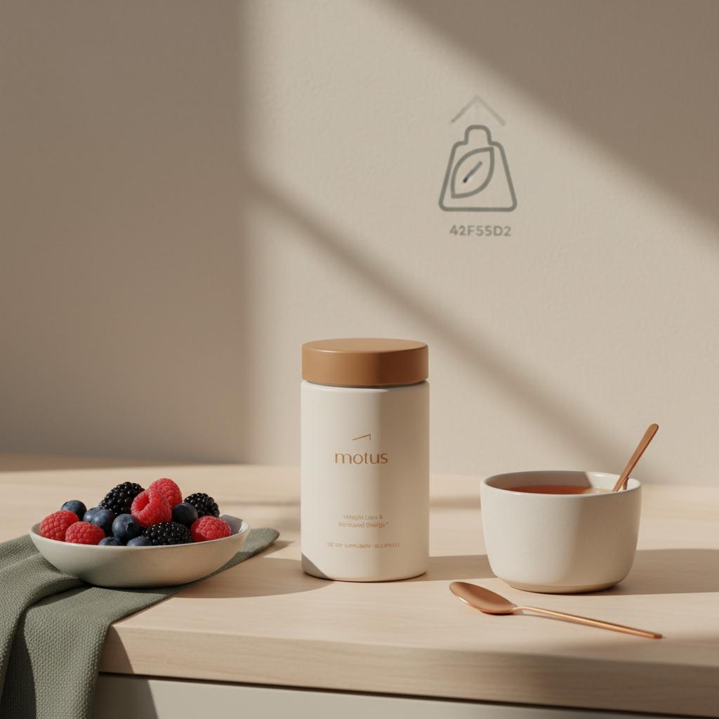 Minimalist kitchen counter scene with Tonum Motus container beside bowl of berries and a cup of tea, evoking berberine weight loss and everyday wellness