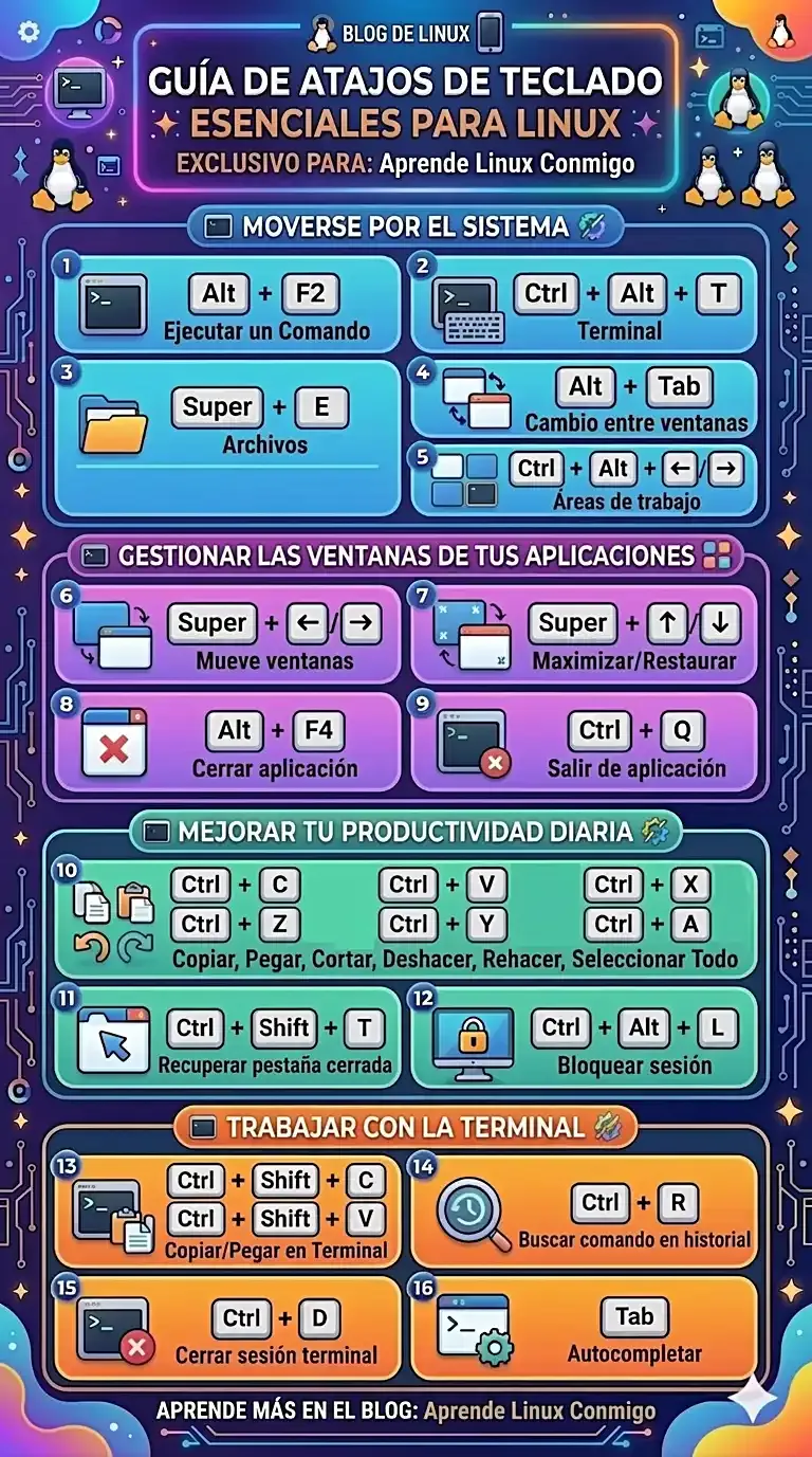 Infografía: Guía de atajos de teclado esenciales para Linux Mint sobre navegación, ventanas, productividad y terminal.