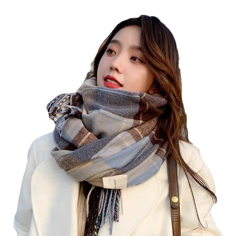 Checkered scarf in cashmere look with fringes, 50x190 cm