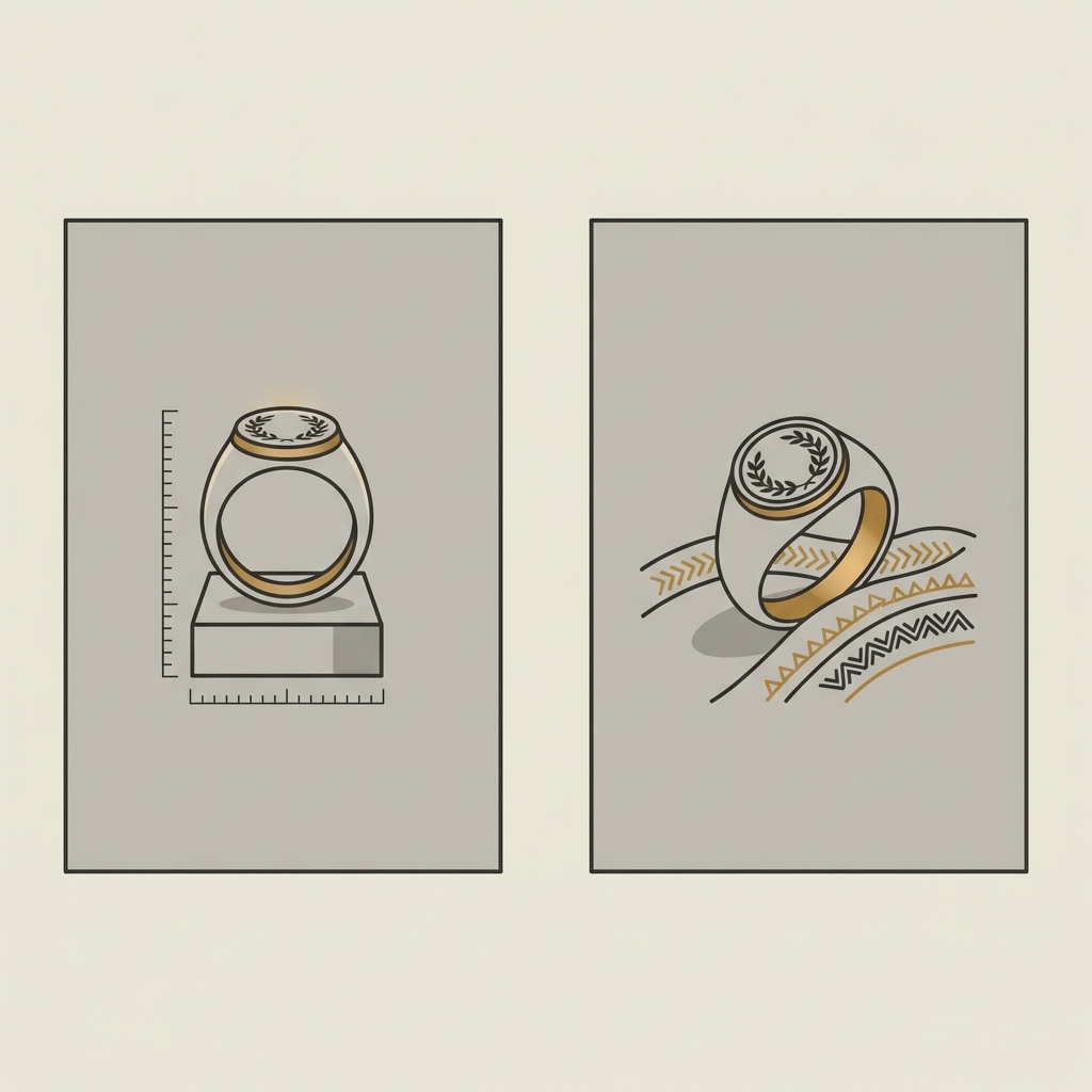 Minimalist 2D vector side by side comparison showing museum catalogue view and marketplace listing style photo illustrating documentation differences for ancient greek rings