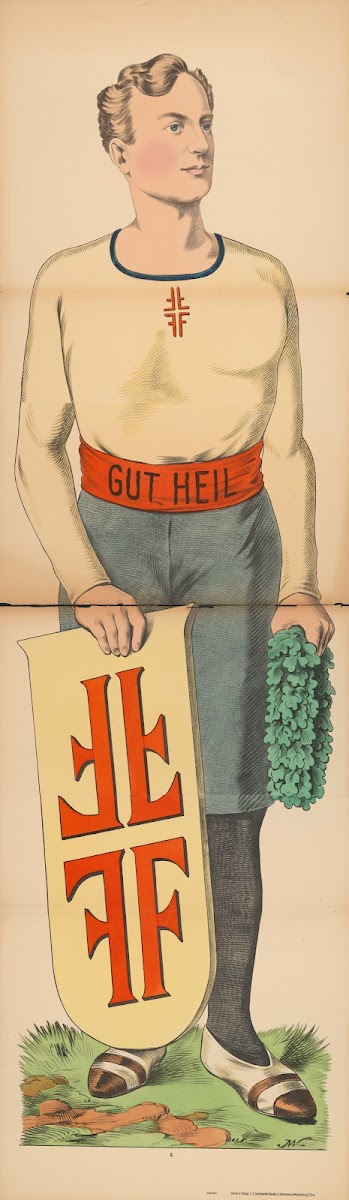 Athletic man holding shield and laurel wreath with Gut heil written on his waist