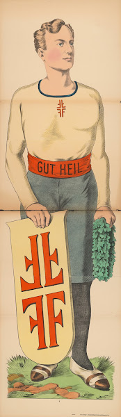 Athletic man holding shield and laurel wreath with Gut heil written on his waist